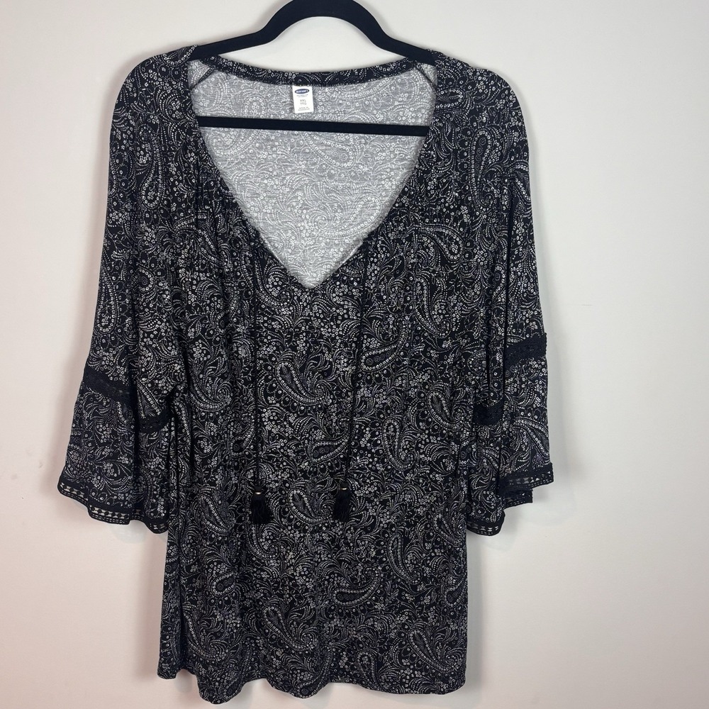 Old Navy Women's Black Floral Lace Detail Boho Peasant Tassel Top SZ XXL Rayon